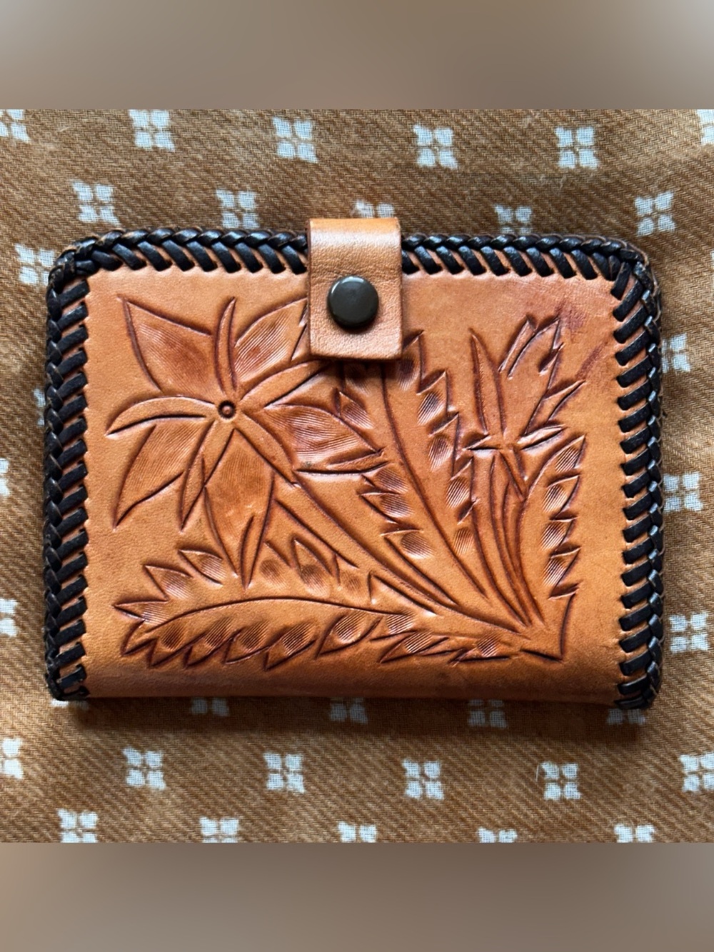Vintage Tooled Brown Leather Wallet Handmade Stitched Snap Closure